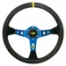 Rim Material: Black Suede,  Spoke Colour: Blue,  Wheel Diameter: 350mm,  Centre Marker: Yellow